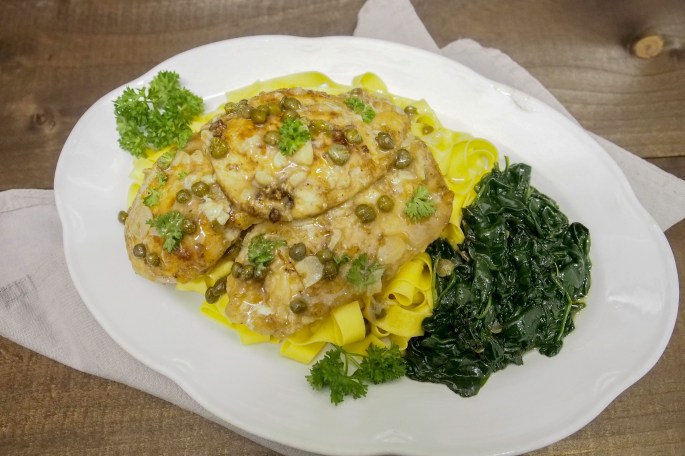 Kana piccata resepti kapris voikastike valkosipuli pinaatti